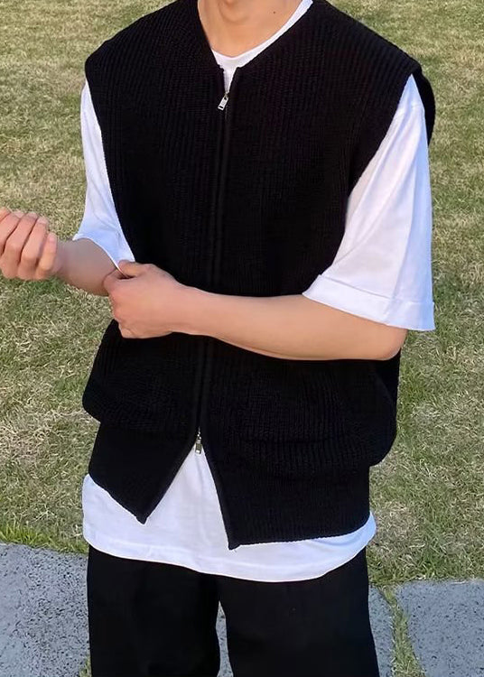 Simple Grey Zip Up Pockets Knit Waistcoat Sleeveless Rj032