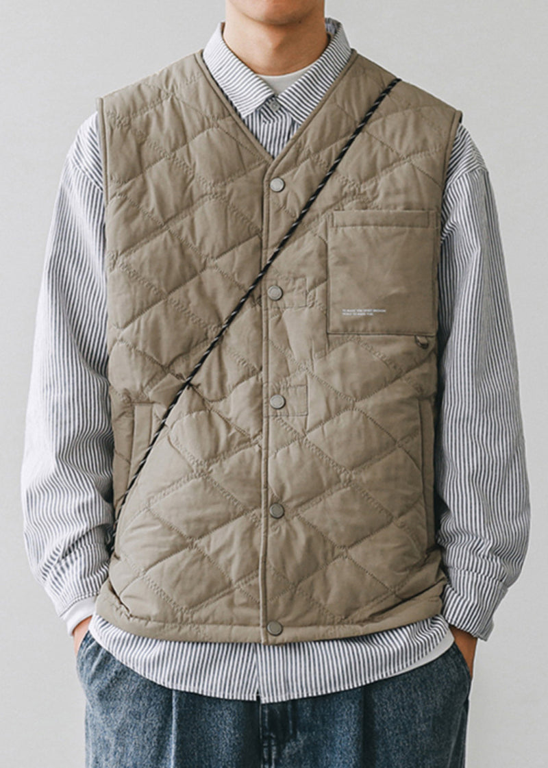 Simple Khaki Button Pockets Cotton Filled Waistcoat Winter Rn008