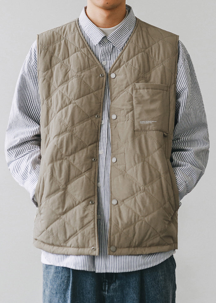 Simple Khaki Button Pockets Cotton Filled Waistcoat Winter Rn008