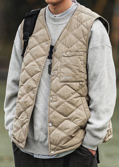 Simple Khaki Button Pockets Cotton Filled Waistcoat Winter Rn008