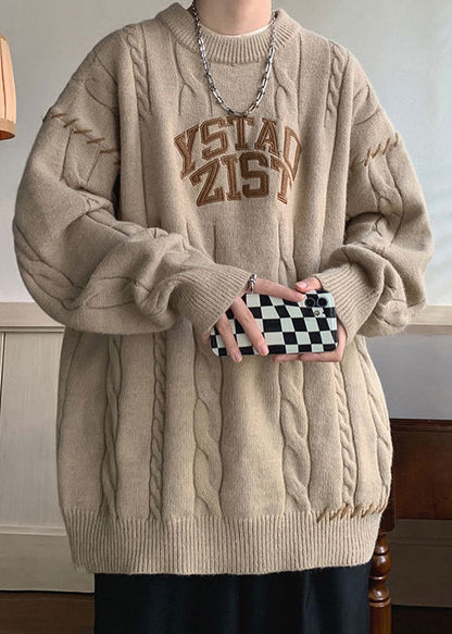 Simple Khaki O Neck Letter Cotton Knit Sweaters Winter Qf031