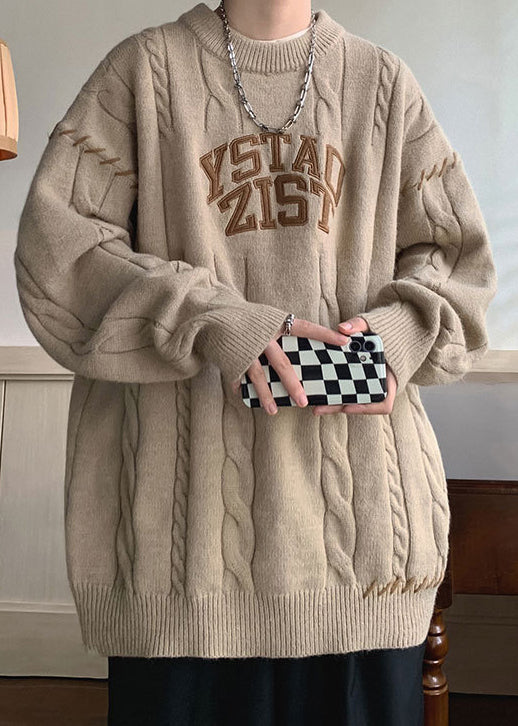 Simple Khaki O Neck Letter Cotton Knit Sweaters Winter Qf031