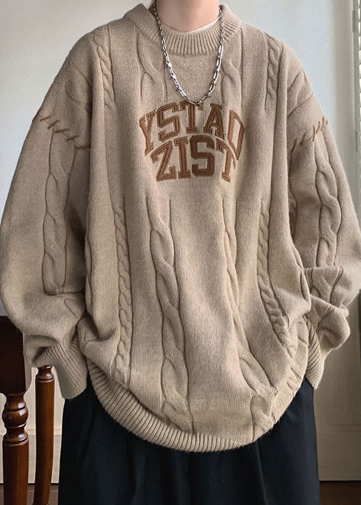 Simple Khaki O Neck Letter Cotton Knit Sweaters Winter Qf031
