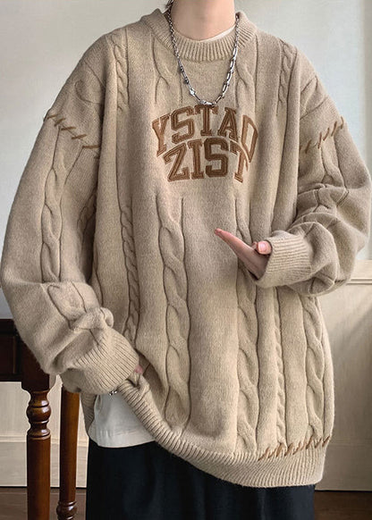 Simple Khaki O Neck Letter Cotton Knit Sweaters Winter Qf031