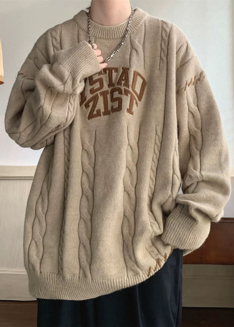 Simple Khaki O Neck Letter Cotton Knit Sweaters Winter Qf031