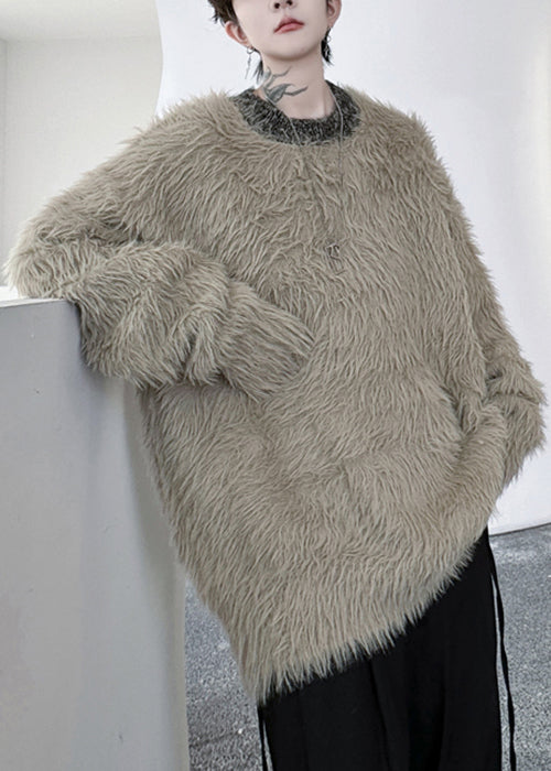 Simple Khaki O Neck Mink Velvet Sweaters Winter Rc021