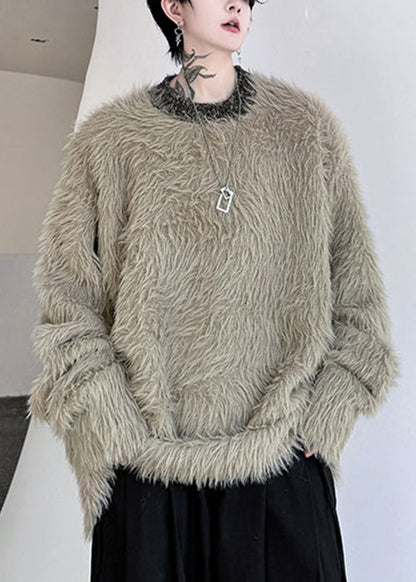 Simple Khaki O Neck Mink Velvet Sweaters Winter Rc021