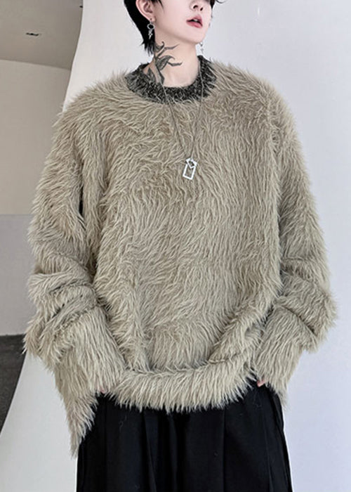 Simple Khaki O Neck Mink Velvet Sweaters Winter Rc021