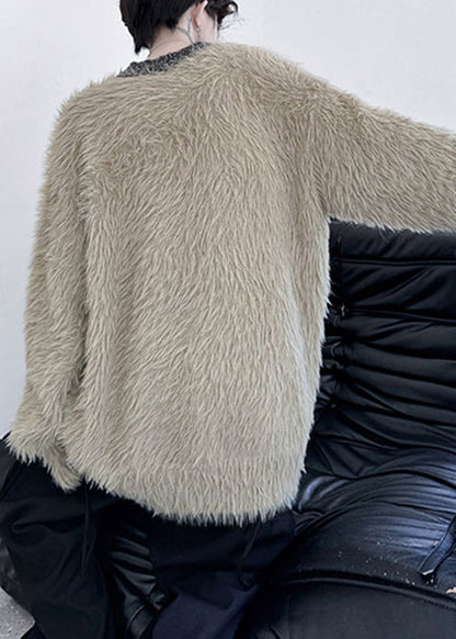 Simple Khaki O Neck Mink Velvet Sweaters Winter Rc021