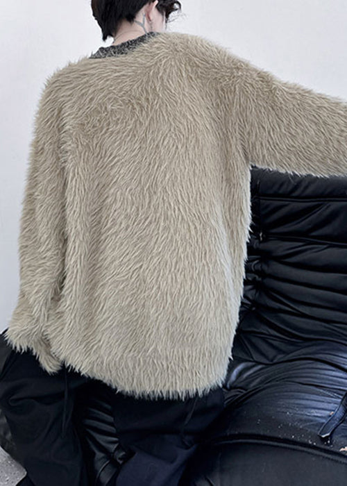 Simple Khaki O Neck Mink Velvet Sweaters Winter Rc021