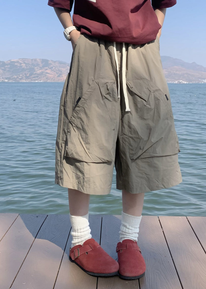 Simple Khaki Pockets Drawstring Crop Pants Summer Yt012