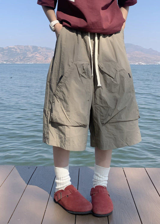 Simple Khaki Pockets Drawstring Crop Pants Summer Yt012