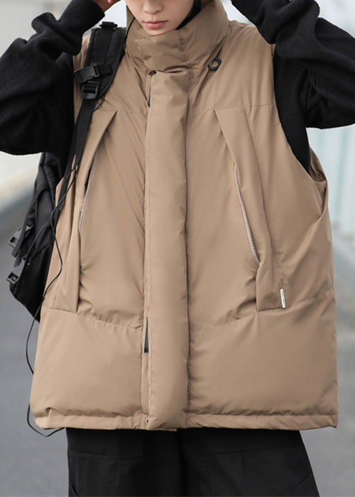 Simple Khaki Stand Collar Zip Up Cotton Filled Waistcoat Winter Eq035