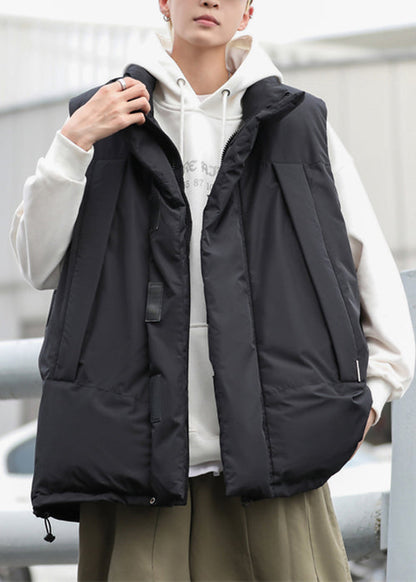 Simple Khaki Stand Collar Zip Up Cotton Filled Waistcoat Winter Eq035