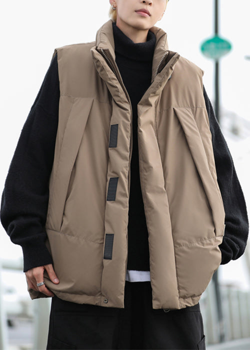 Simple Khaki Stand Collar Zip Up Cotton Filled Waistcoat Winter Eq035