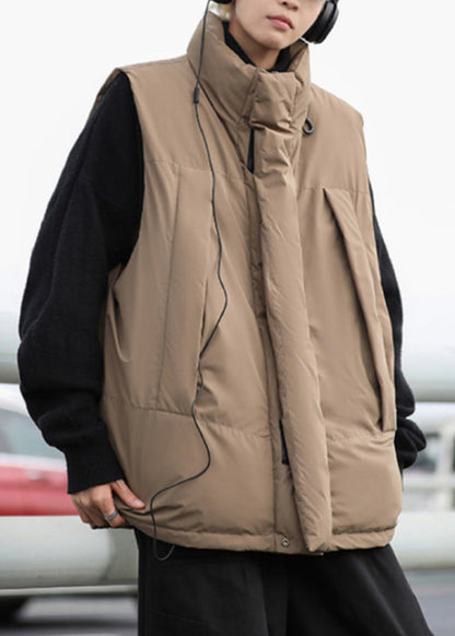 Simple Khaki Stand Collar Zip Up Cotton Filled Waistcoat Winter Eq035