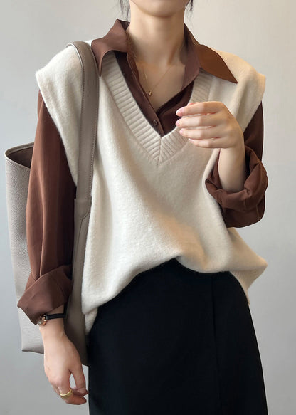 Simple Khaki V Neck Cozy Cashmere Knit Waistcoat Sleeveless Tu014