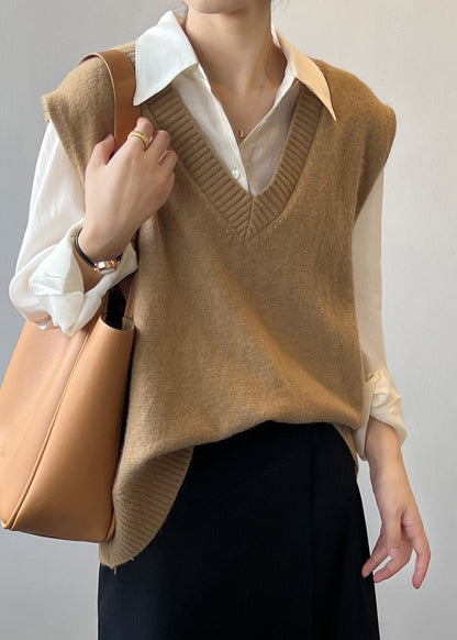 Simple Khaki V Neck Cozy Cashmere Knit Waistcoat Sleeveless Tu014