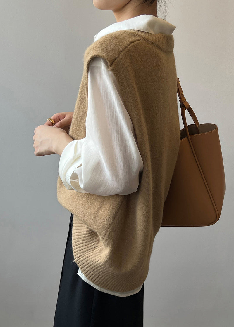 Simple Khaki V Neck Cozy Cashmere Knit Waistcoat Sleeveless Tu014
