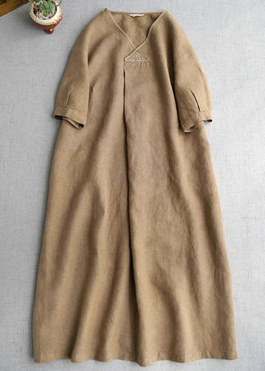 Simple Khaki V Neck Pockets Linen Long Dress Summer Gh1074