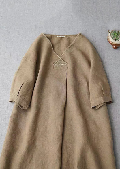 Simple Khaki V Neck Pockets Linen Long Dress Summer Gh1074