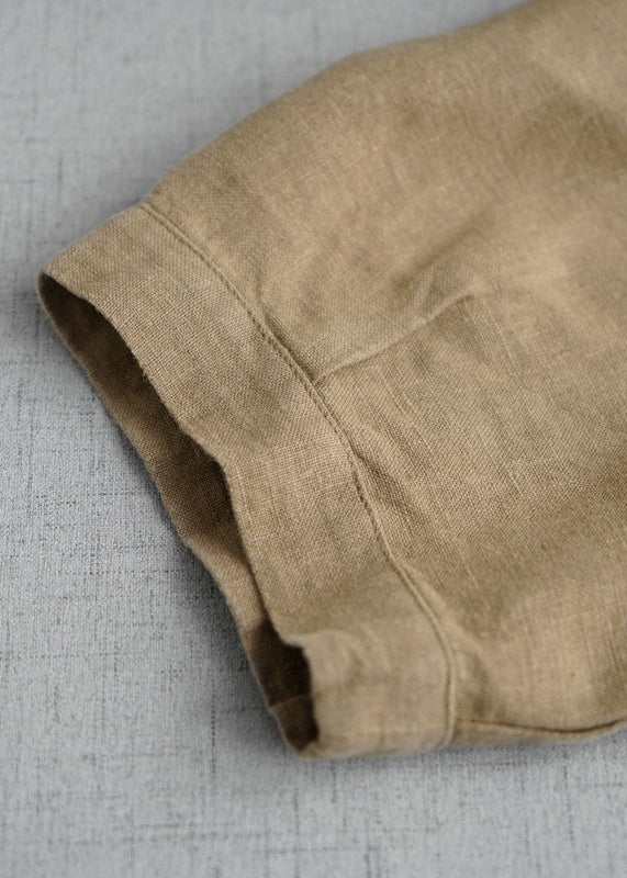 Simple Khaki V Neck Pockets Linen Long Dress Summer Gh1074