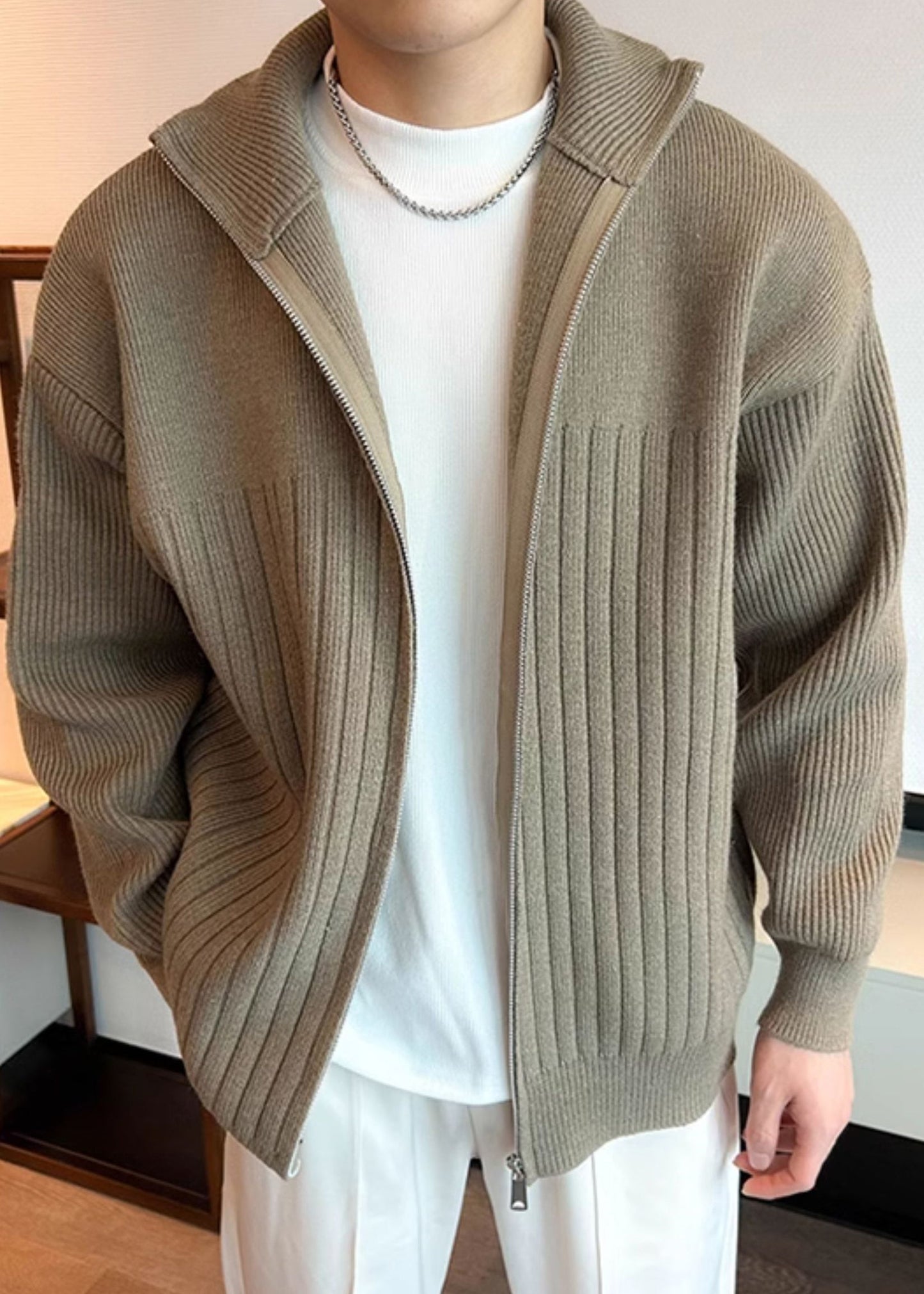Khaki Up Coats Cozy Knit Spring Zip Simple