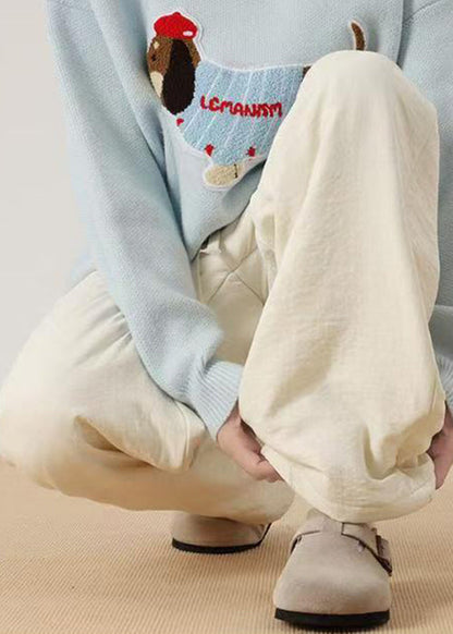 Simple Light Blue Pockets Cotton Filled Pants Winter Rm034