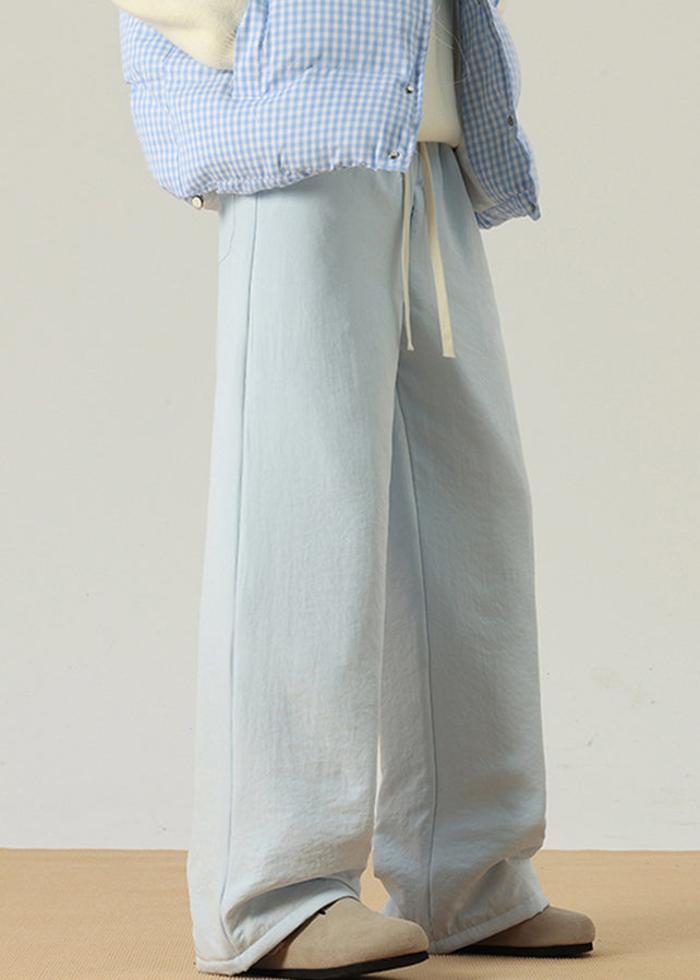 Simple Light Blue Pockets Cotton Filled Pants Winter Rm034
