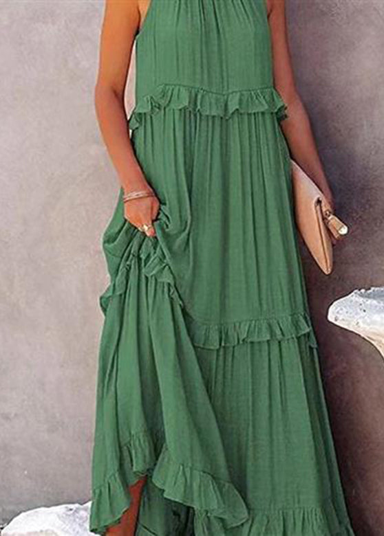Simple Light Blue Ruffled Patchwork Wrinkled Long Dresses Summer Gh1005