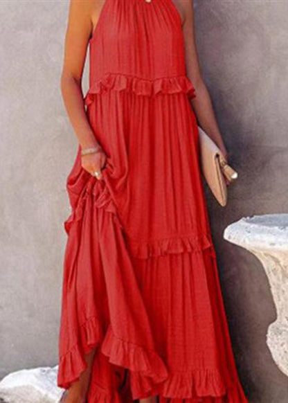 Simple Light Blue Ruffled Patchwork Wrinkled Long Dresses Summer Gh1005