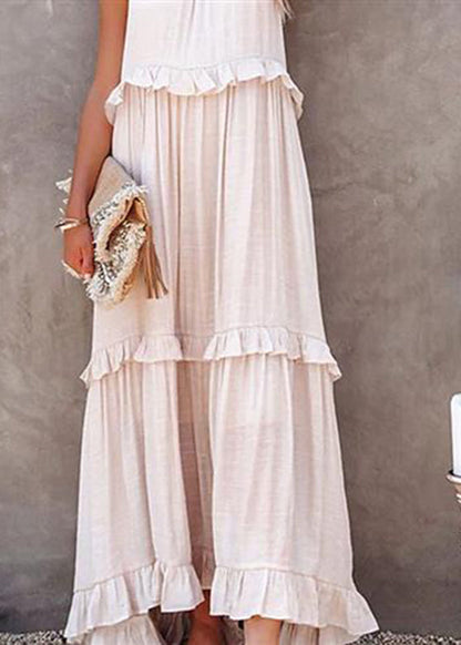 Simple Light Blue Ruffled Patchwork Wrinkled Long Dresses Summer Gh1005