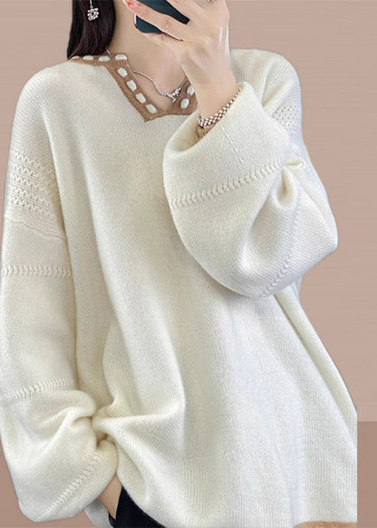 Simple Light Camel V Neck Patchwork Knit Sweaters Spring Yy041