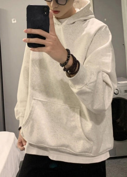Simple Light Grey Hooded Pockets Cotton Sweatshirt Spring Yq021