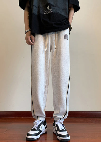 Simple Light Grey Pockets Drawstring Warm Fleece Beam Pants Winter Wa035