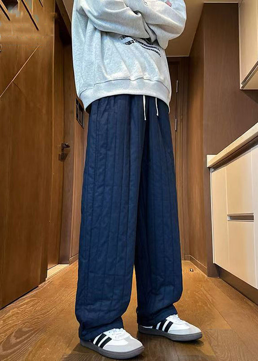 Simple Navy Elastic Waist Thick Pants Winter Rm024