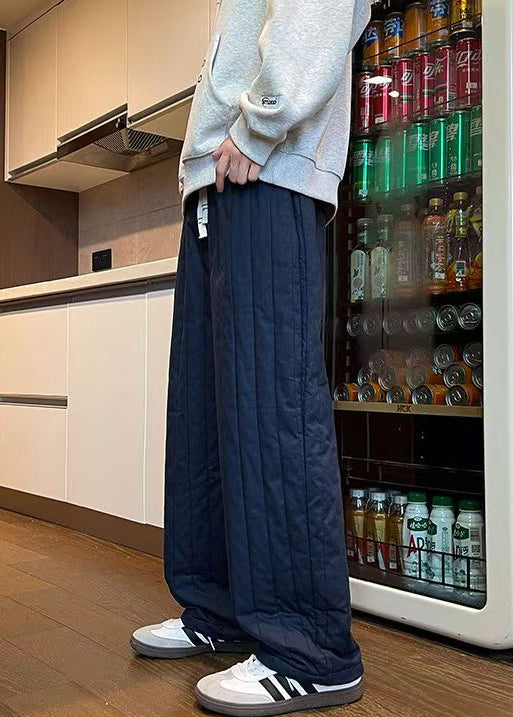 Simple Navy Elastic Waist Thick Pants Winter Rm024