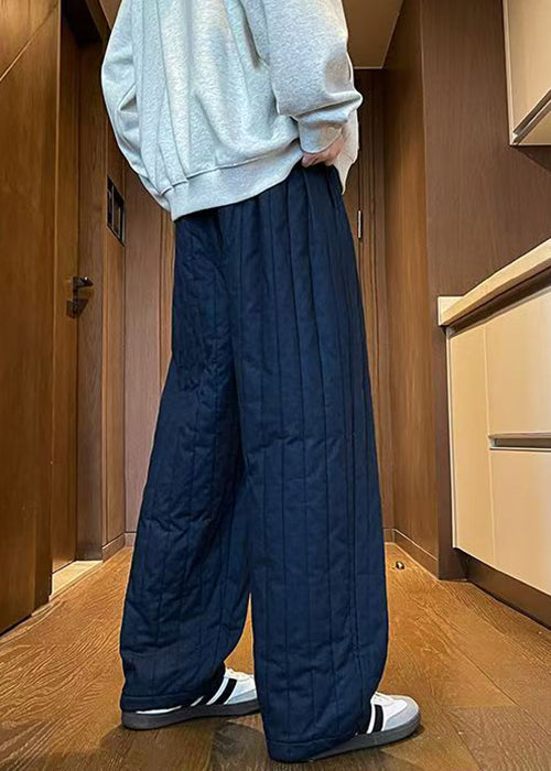 Simple Navy Elastic Waist Thick Pants Winter Rm024