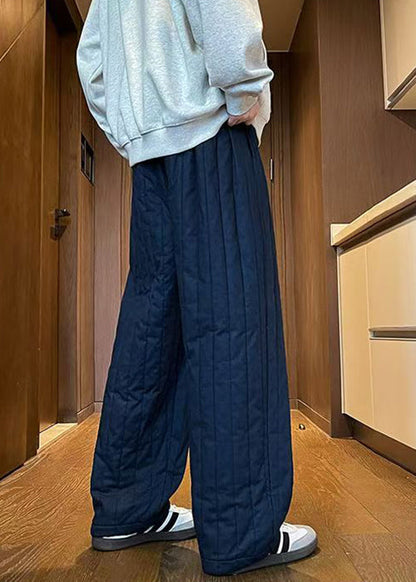 Simple Navy Elastic Waist Thick Pants Winter Rm024