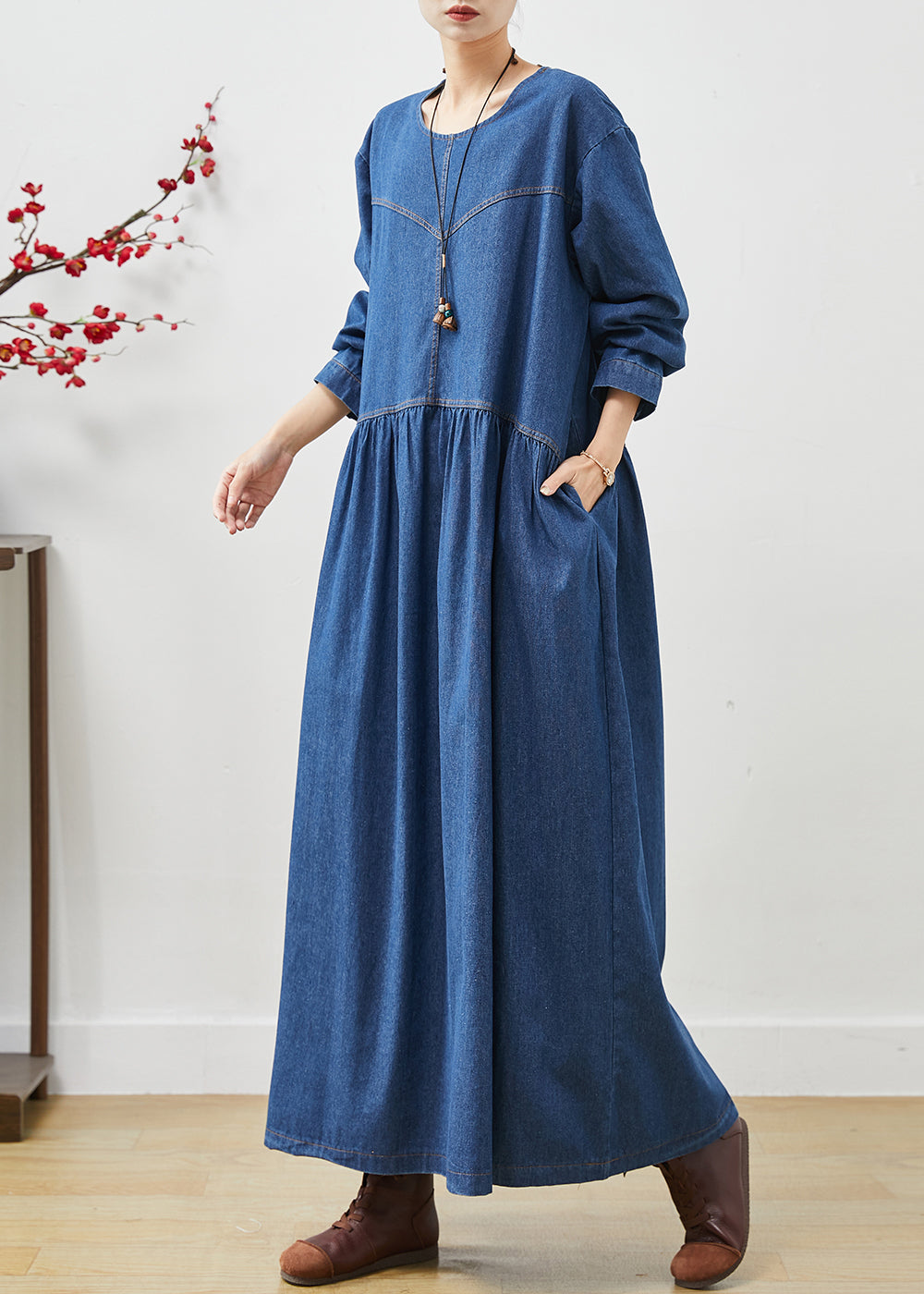 Simple Navy Oversized Denim Long Dress Spring Ap1073