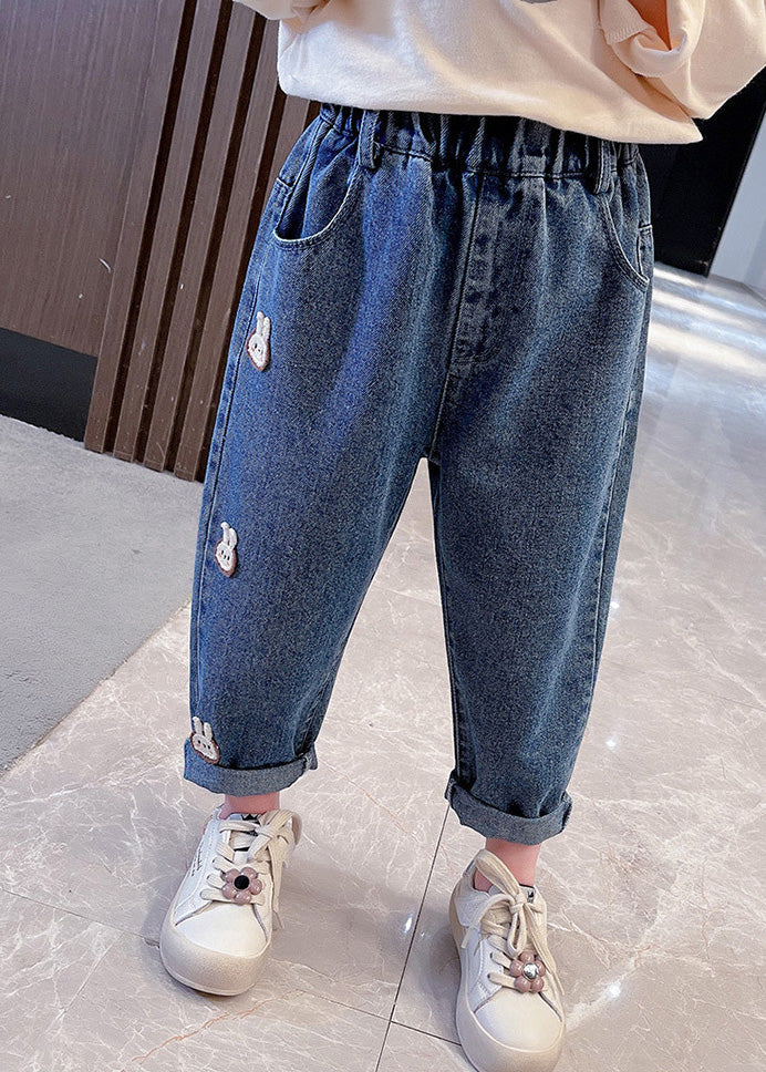 Simple Navy Patchwork Elastic Waist Dnim Pants Tv014