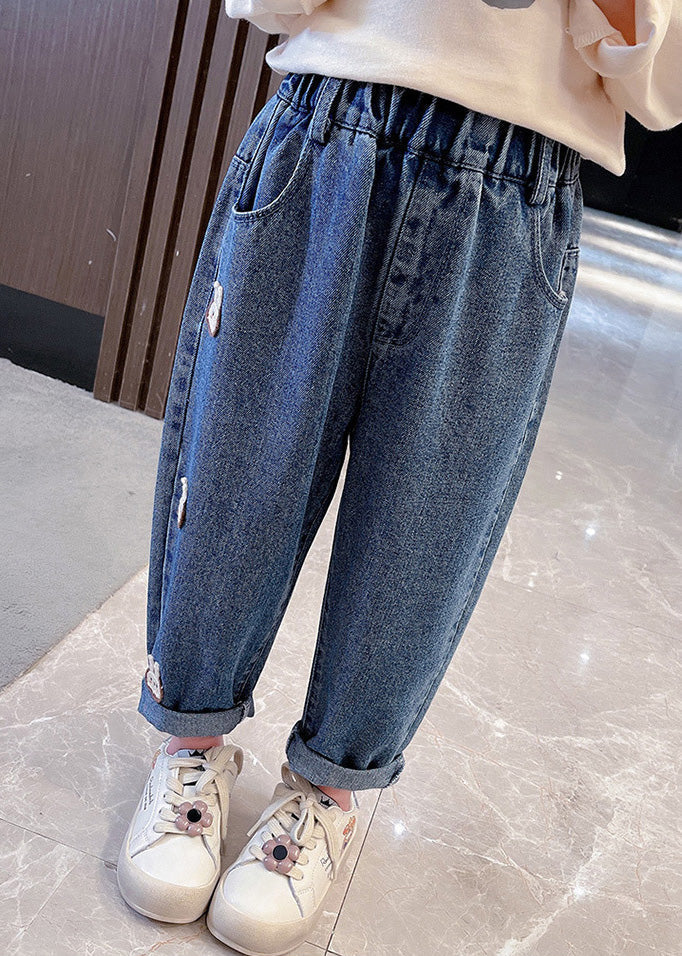 Simple Navy Patchwork Elastic Waist Dnim Pants Tv014