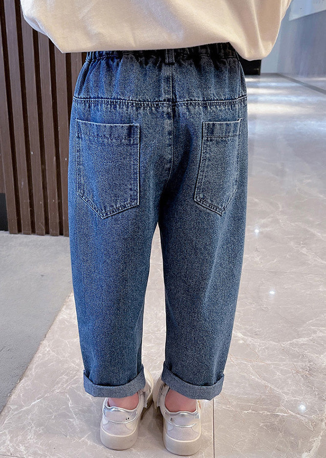 Simple Navy Patchwork Elastic Waist Dnim Pants Tv014