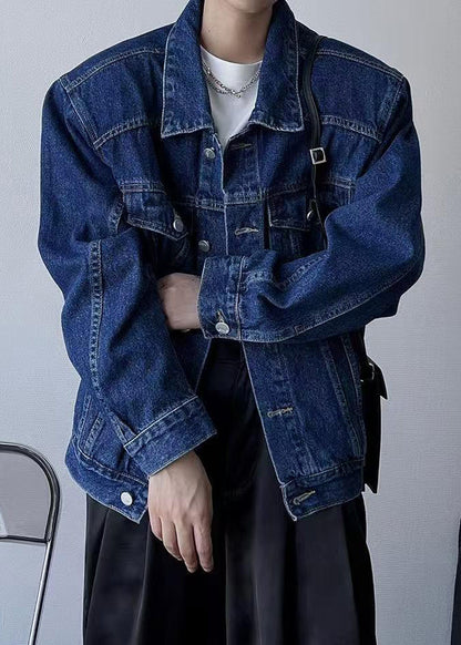 Tc038 Denim Peter Coats Collar Spring Button Navy Simple Pan
