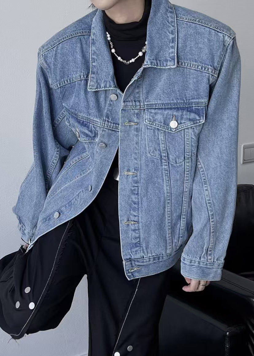 Tc038 Denim Peter Coats Collar Spring Button Navy Simple Pan