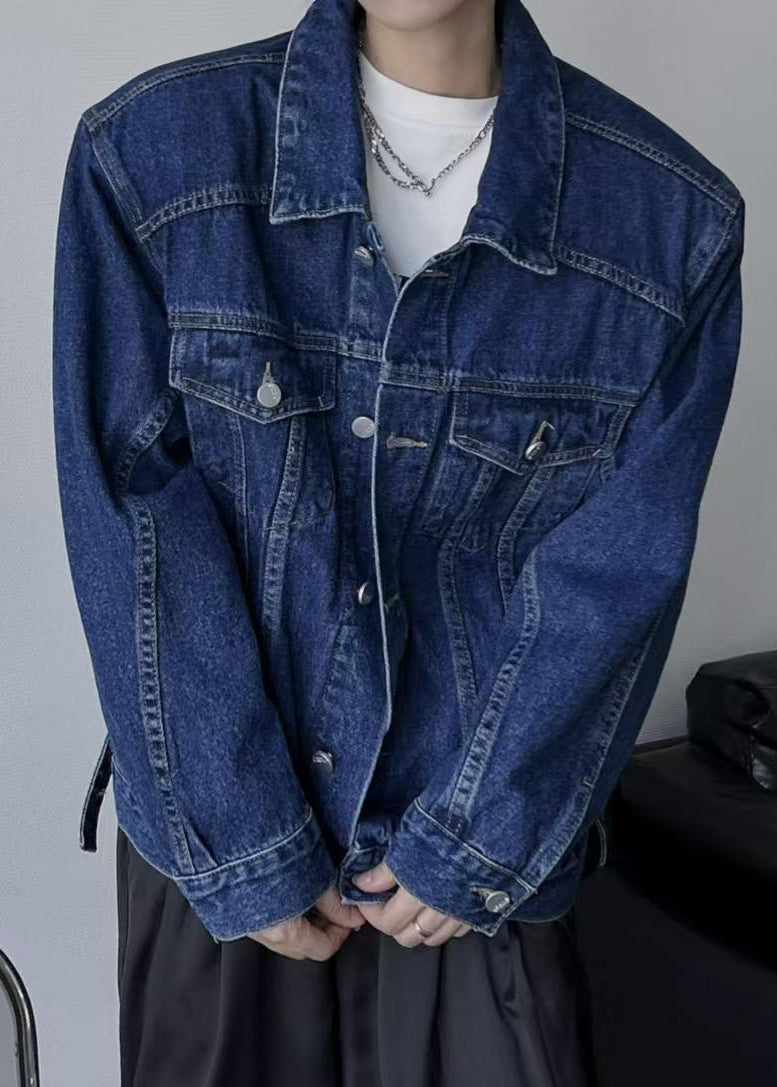 Tc038 Denim Peter Coats Collar Spring Button Navy Simple Pan