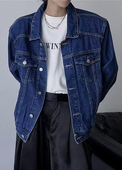 Tc038 Denim Peter Coats Collar Spring Button Navy Simple Pan