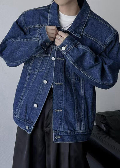 Tc038 Denim Peter Coats Collar Spring Button Navy Simple Pan