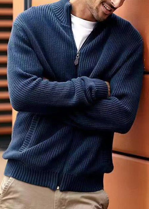 Up Zip Spring Knit Pockets Cardigan Navy Simple