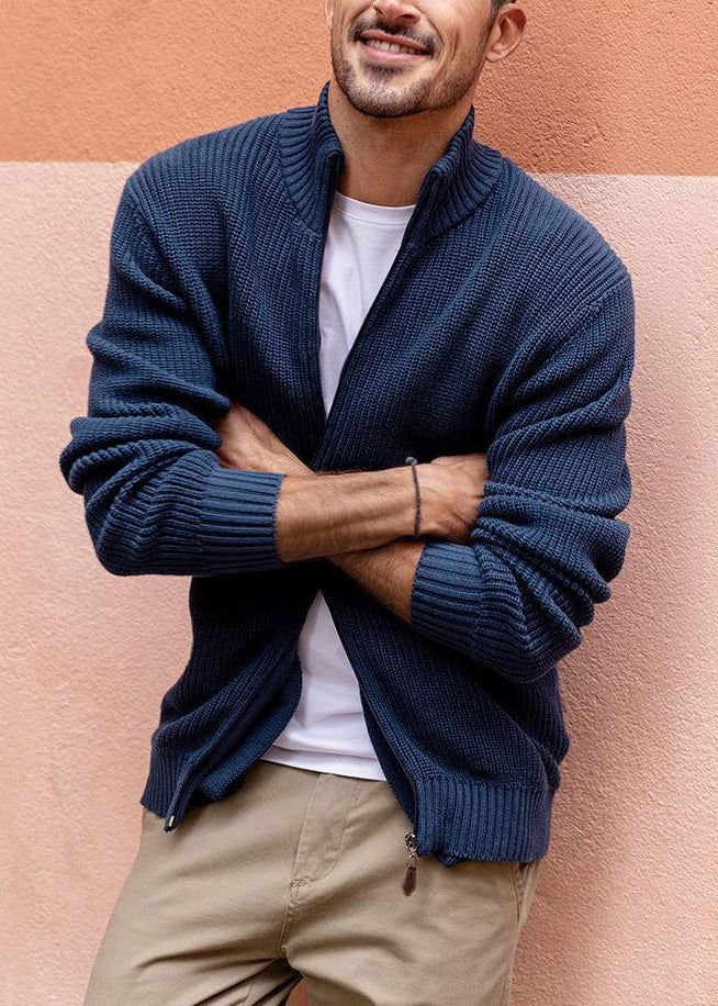 Up Zip Spring Knit Pockets Cardigan Navy Simple